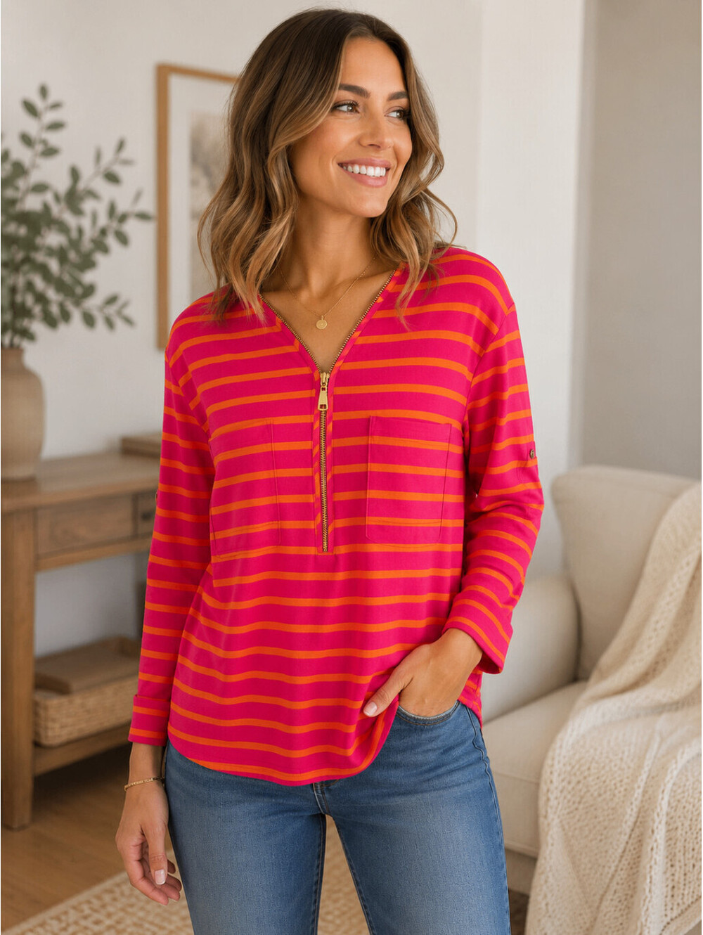 Calvin Klein Womens L Pink Orange Striped Quarter Zip Roll-Tab Sleeve Blouse Top